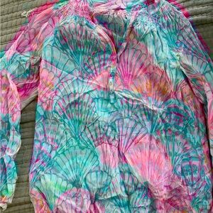 Lilly Pulitzer Pink and Aqua Seashell Print Tunic Blouse